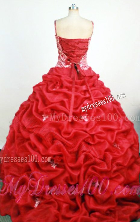 Pretty Red Pick-ups Spaghetti Straps Quinceanera Gowns with Appliques